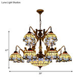 Blue Stained Glass Chandelier - Tiffany Style With 15 Lights And Baroque/Magnolia Pattern