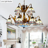 Blue Stained Glass Chandelier - Tiffany Style With 15 Lights And Baroque/Magnolia Pattern