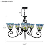 Blue Stained Glass Chandelier With 5 Floral Tiffany-Style Pendants - Perfect For Living Room