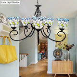 Blue Stained Glass Chandelier With 5 Floral Tiffany-Style Pendants - Perfect For Living Room