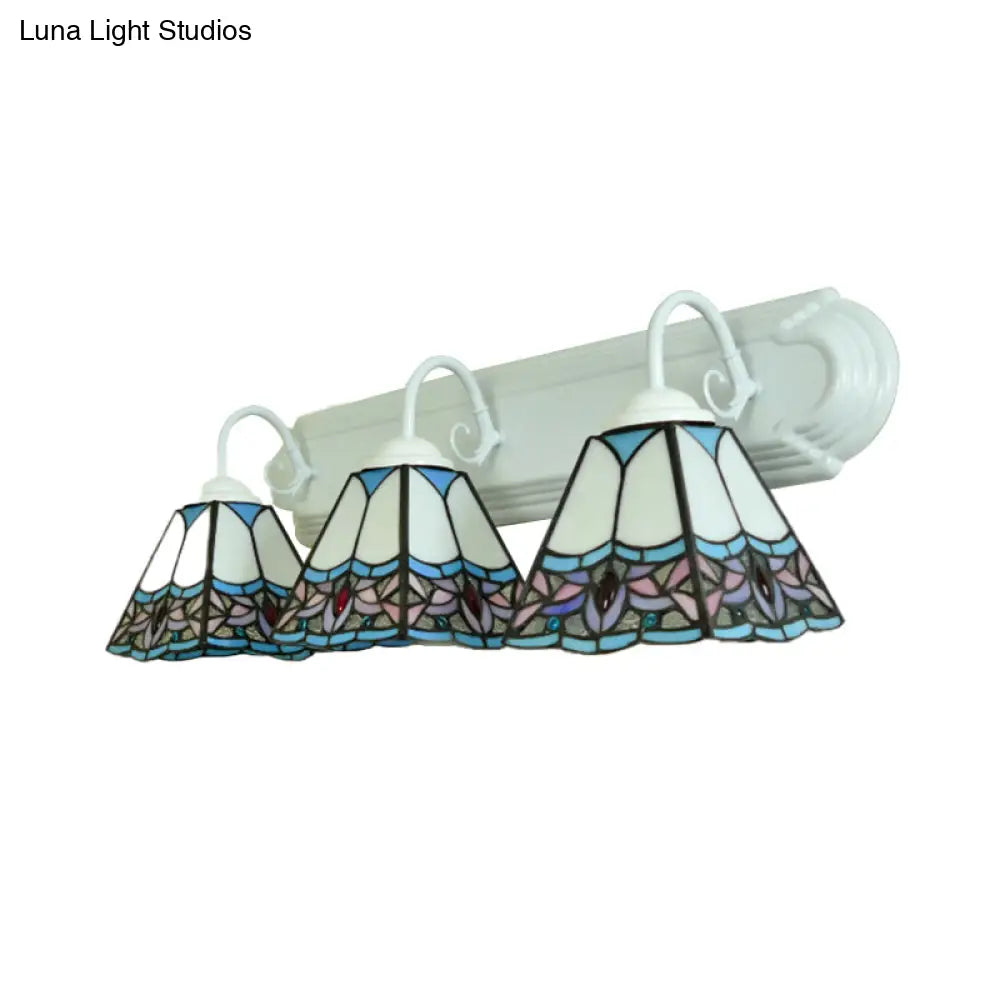 Blue Stained Glass Pyramid Sconce Light - Wall Mounted 3-Head Fixture For Living Room