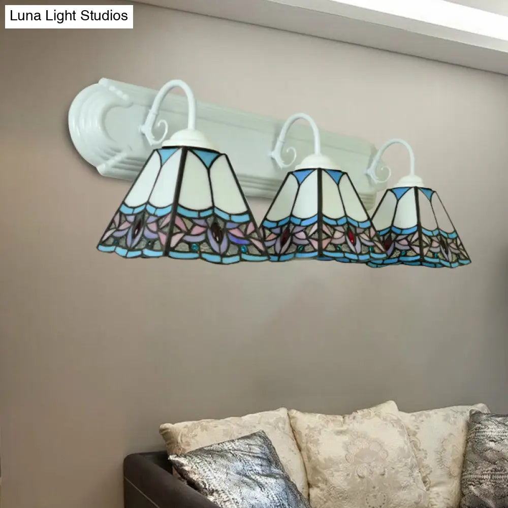 Blue Stained Glass Pyramid Sconce Light - Wall Mounted 3-Head Fixture For Living Room