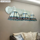 Blue Stained Glass Pyramid Sconce Light - Wall Mounted 3-Head Fixture For Living Room