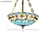 Blue Stained Glass Semi Flush Ceiling Fixture - Retro Style For Coffee Shop