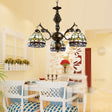 Blue Stained Glass Semi Globe Chandelier With Hanging Chain - Baroque Ceiling Pendant