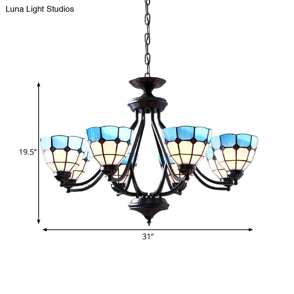 Blue Stained Glass Tiffany Pendant Chandelier Light With Upward 6/8 Lights