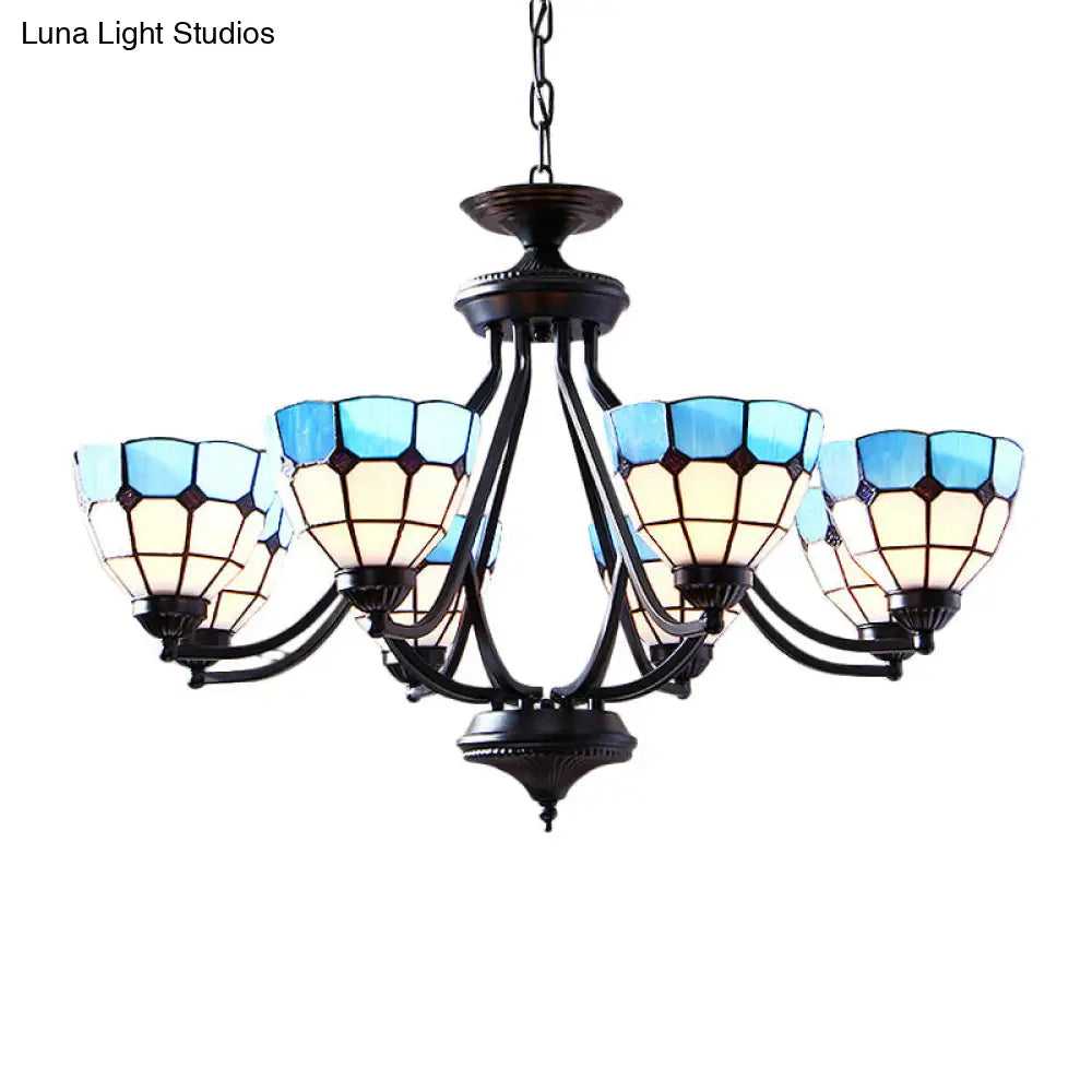Blue Stained Glass Tiffany Pendant Chandelier Light With Upward 6/8 Lights