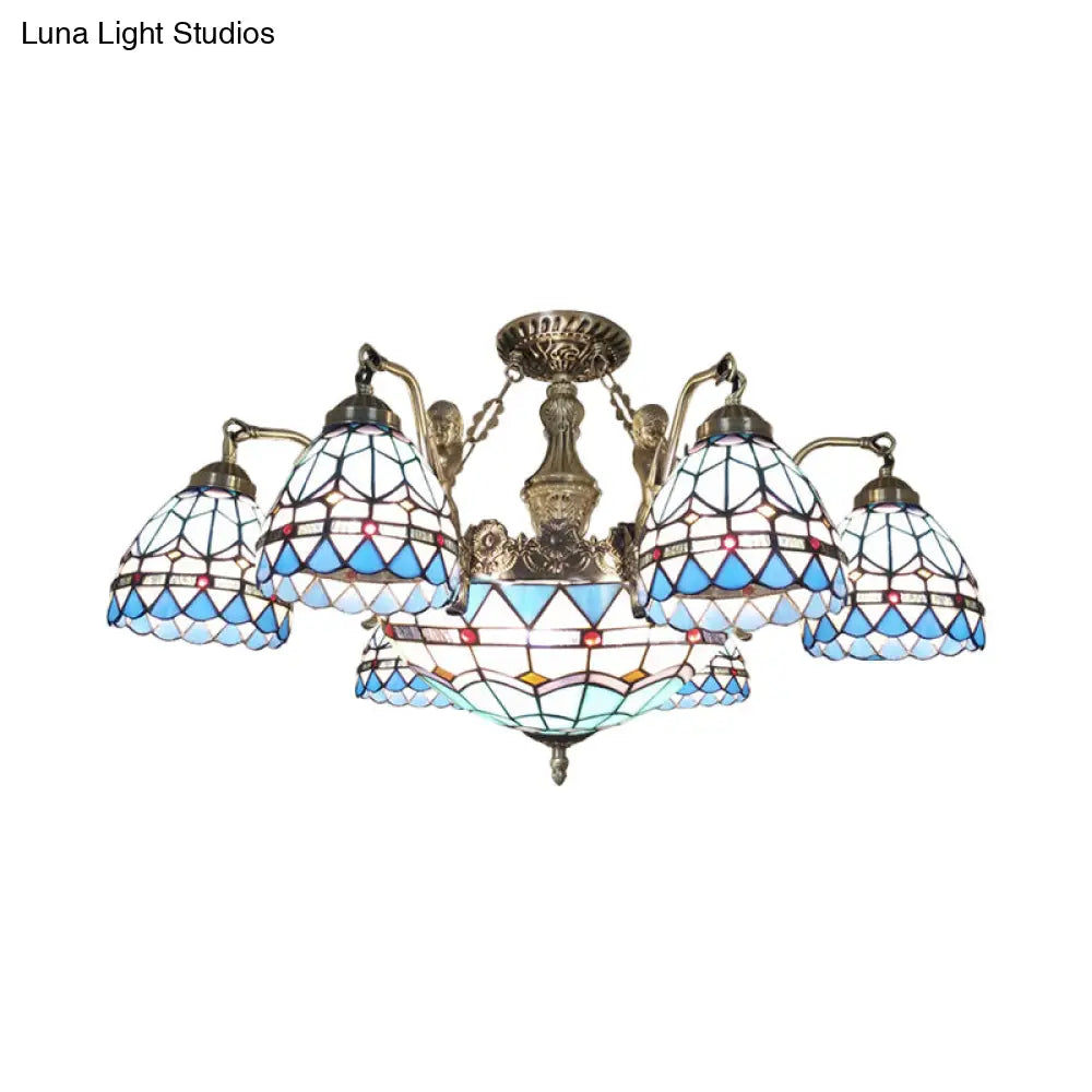 Blue Stained Glass Tiffany Pendant Lamp With 7/9 Light Cone Ceiling Chandelier
