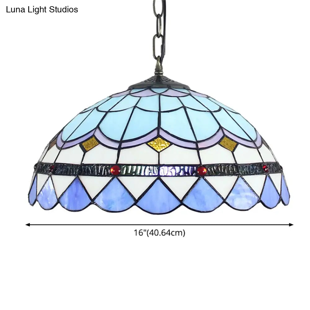Blue Tiffany Glass Dome Hanging Lamp - 16’ Wide 1 Light