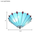 Blue Tiffany Style Cone Ceiling Lamp - Art Glass Finish Flush Light For Dining Room