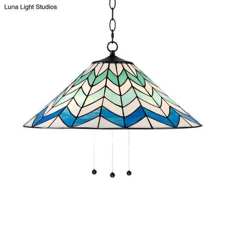 Blue Tiffany-Style Cone Pendant Light Fixture With Stained Art Glass - 16’/19.5’ W Single Head