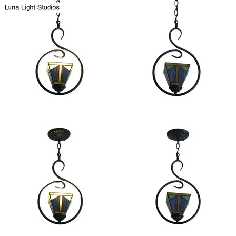 Blue Tiffany Style Stained Glass Pyramid Pendant Light With Stainless Steel Suspension - 1-Light
