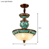 Blue Vintage Dome Hanging Lamp- 15/19 Wide Ribbed Glass Etching 3 Heads Down Lighting