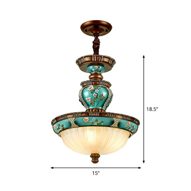Blue Vintage Dome Hanging Lamp- 15/19 Wide Ribbed Glass Etching 3 Heads Down Lighting