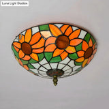 Blue/White Sunflower Tiffany Stained Glass Flush Mount Ceiling Light With 2/3 Bulbs - 12’/16’ W