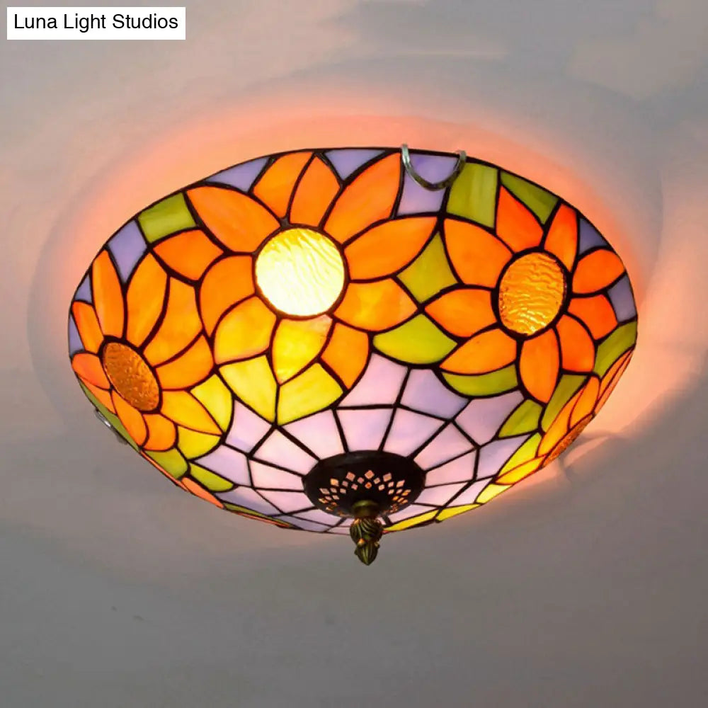 Blue/White Sunflower Tiffany Stained Glass Flush Mount Ceiling Light With 2/3 Bulbs - 12’/16’ W