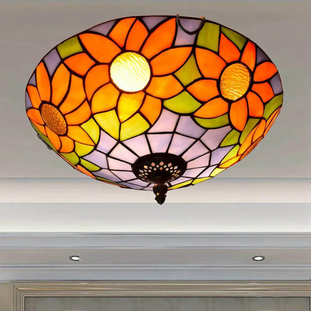 Blue/White Sunflower Tiffany Stained Glass Flush Mount Ceiling Light With 2/3 Bulbs - 12’/16’ W