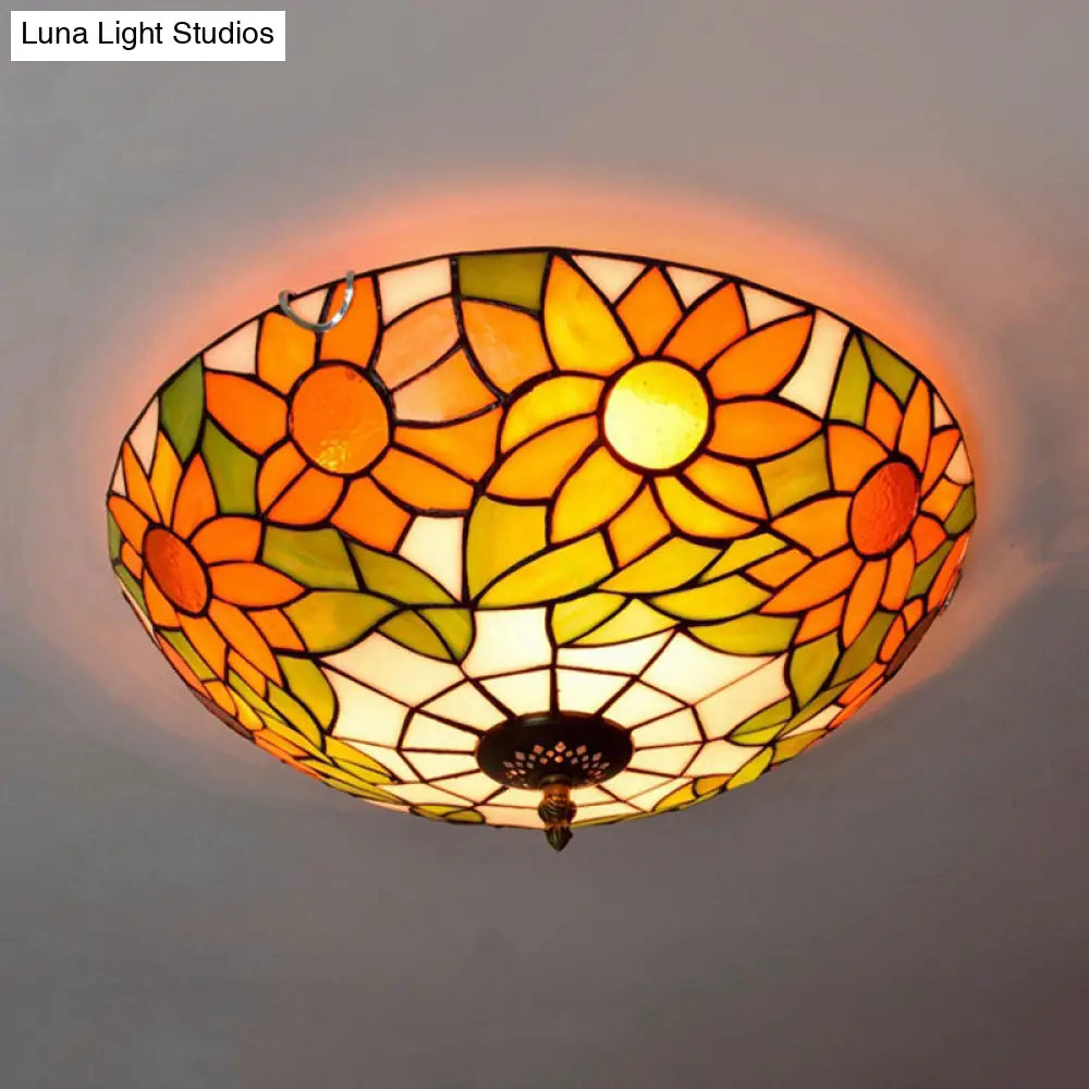Blue/White Sunflower Tiffany Stained Glass Flush Mount Ceiling Light With 2/3 Bulbs - 12’/16’ W