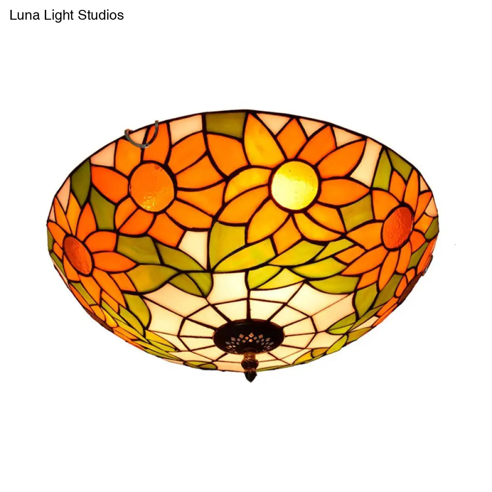 Blue/White Sunflower Tiffany Stained Glass Flush Mount Ceiling Light With 2/3 Bulbs - 12’/16’ W