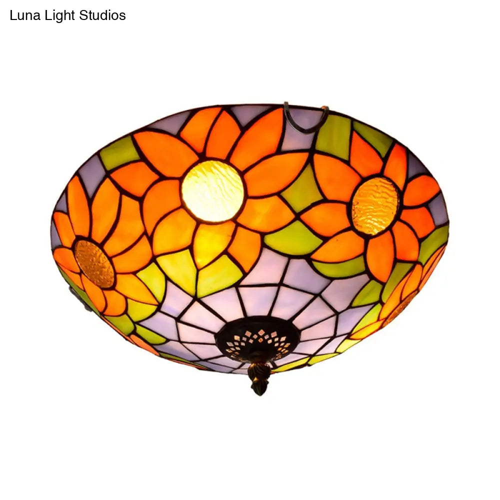 Blue/White Sunflower Tiffany Stained Glass Flush Mount Ceiling Light With 2/3 Bulbs - 12’/16’ W