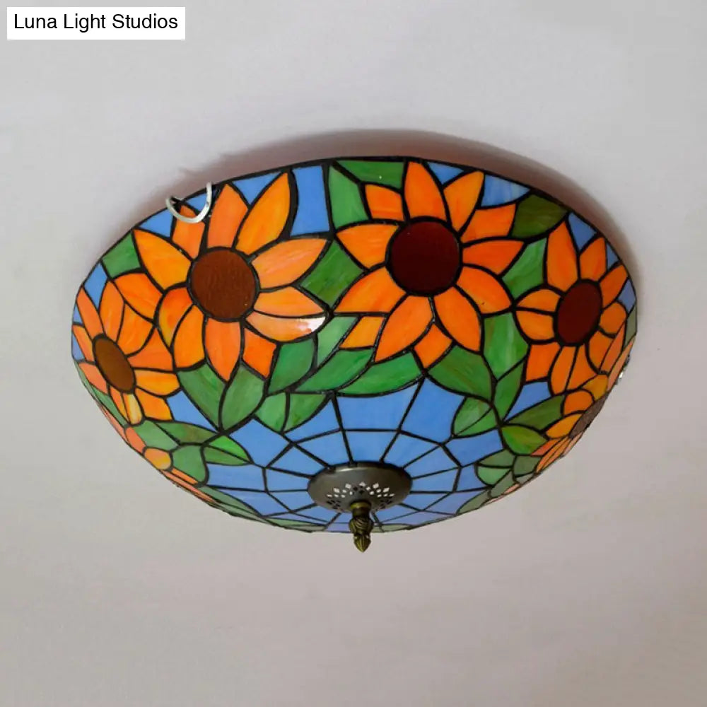 Blue/White Sunflower Tiffany Stained Glass Flush Mount Ceiling Light With 2/3 Bulbs - 12’/16’ W