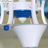 Blue/White Tiffany Ceiling Light With Stained Glass Cone Shade - 3 Lights Curved Arm Semi Flush