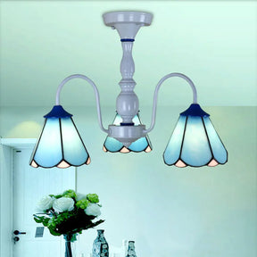 Blue/White Tiffany Ceiling Light With Stained Glass Cone Shade - 3 Lights Curved Arm Semi Flush
