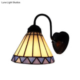 Blue-White Tiffany Glass Cone Wall Light: Elegant Bedroom Sconce Fixture