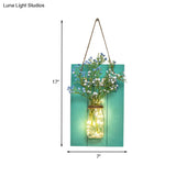 Blue Wood Backplate Modern Glass Jar Wall Light With Floral String - Ideal For Cafe Restaurant