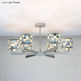 Blue/Yellow Glass Mosaic Ceiling Light With Chrome Finish - Modern 6-Light Hanging Chandelier
