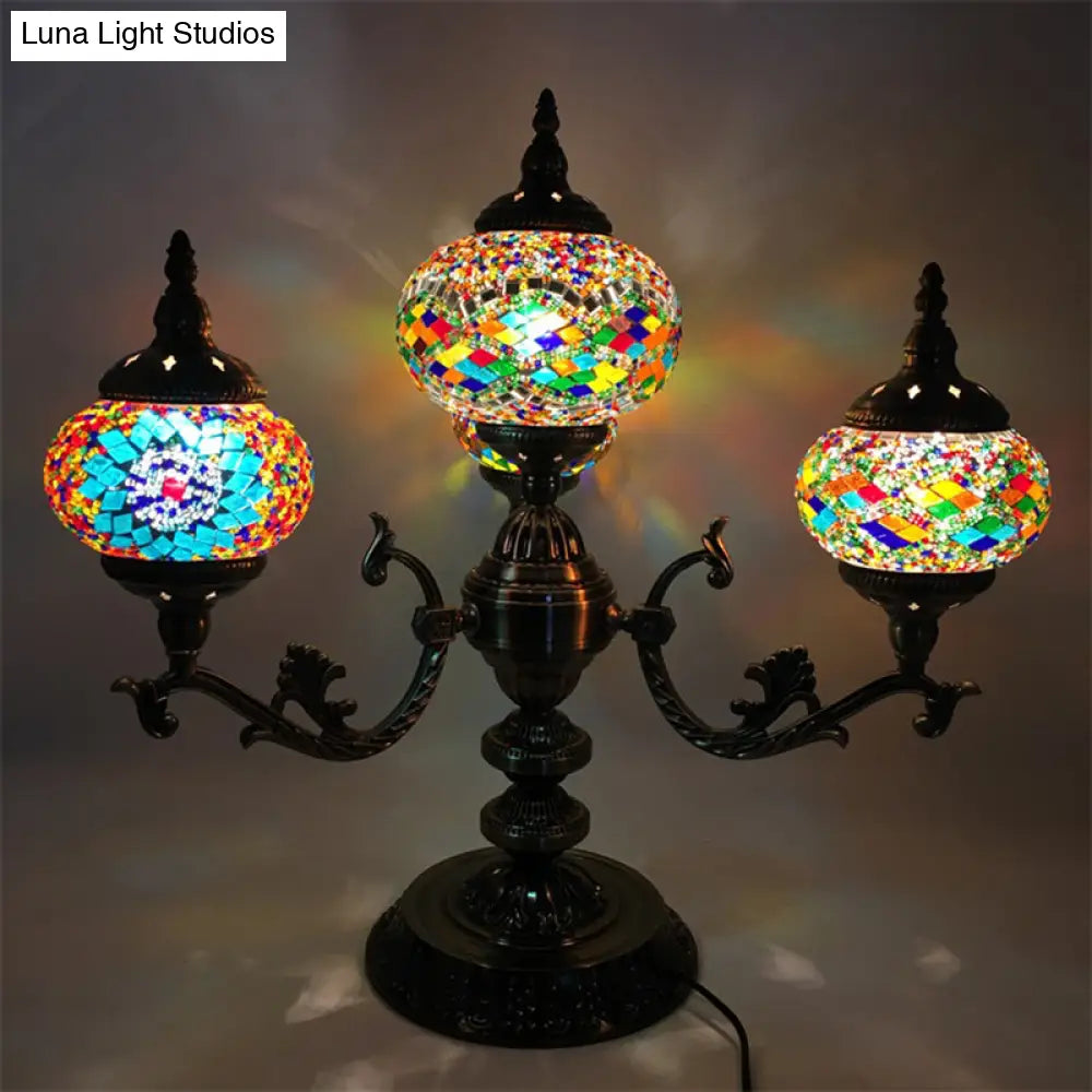 Bohemia Oval Stained Glass Nightstand Light - 4 Bulbs Red/Yellow/Orange Bedroom Lighting