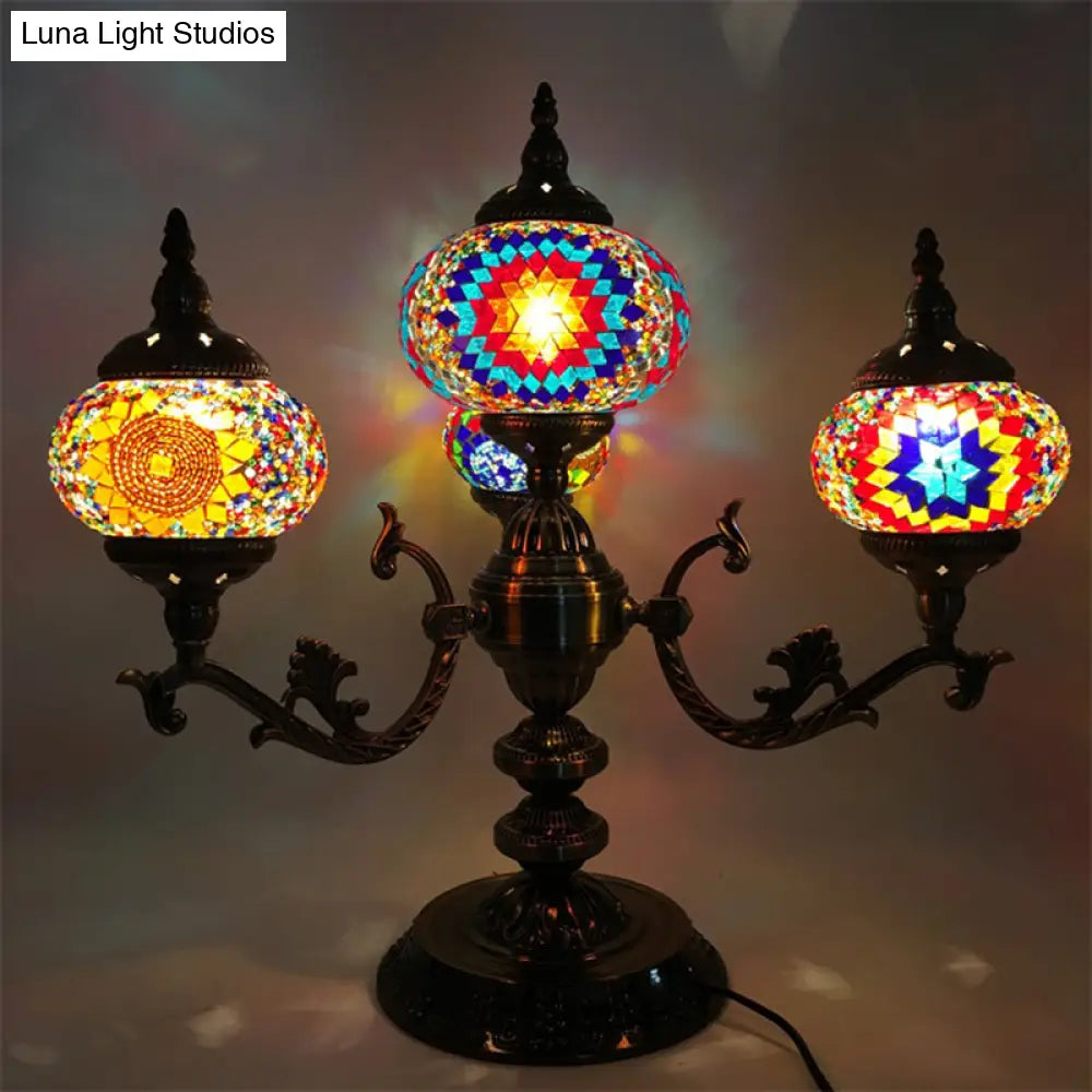 Bohemia Oval Stained Glass Nightstand Light - 4 Bulbs Red/Yellow/Orange Bedroom Lighting
