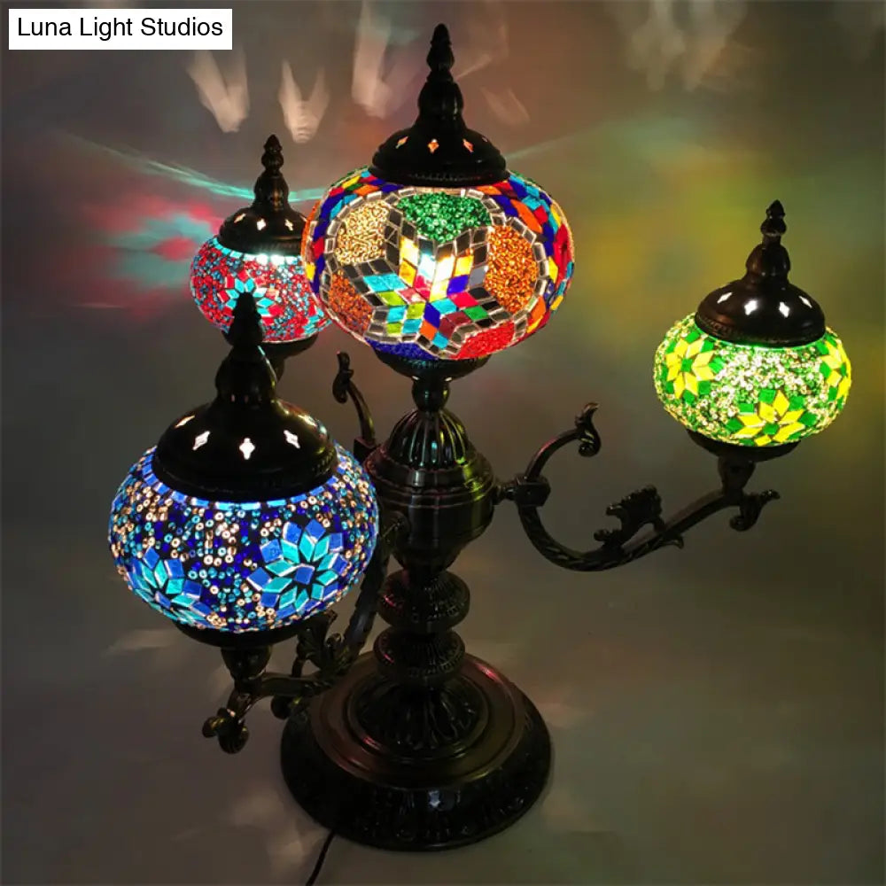Bohemia Oval Stained Glass Nightstand Light - 4 Bulbs Red/Yellow/Orange Bedroom Lighting