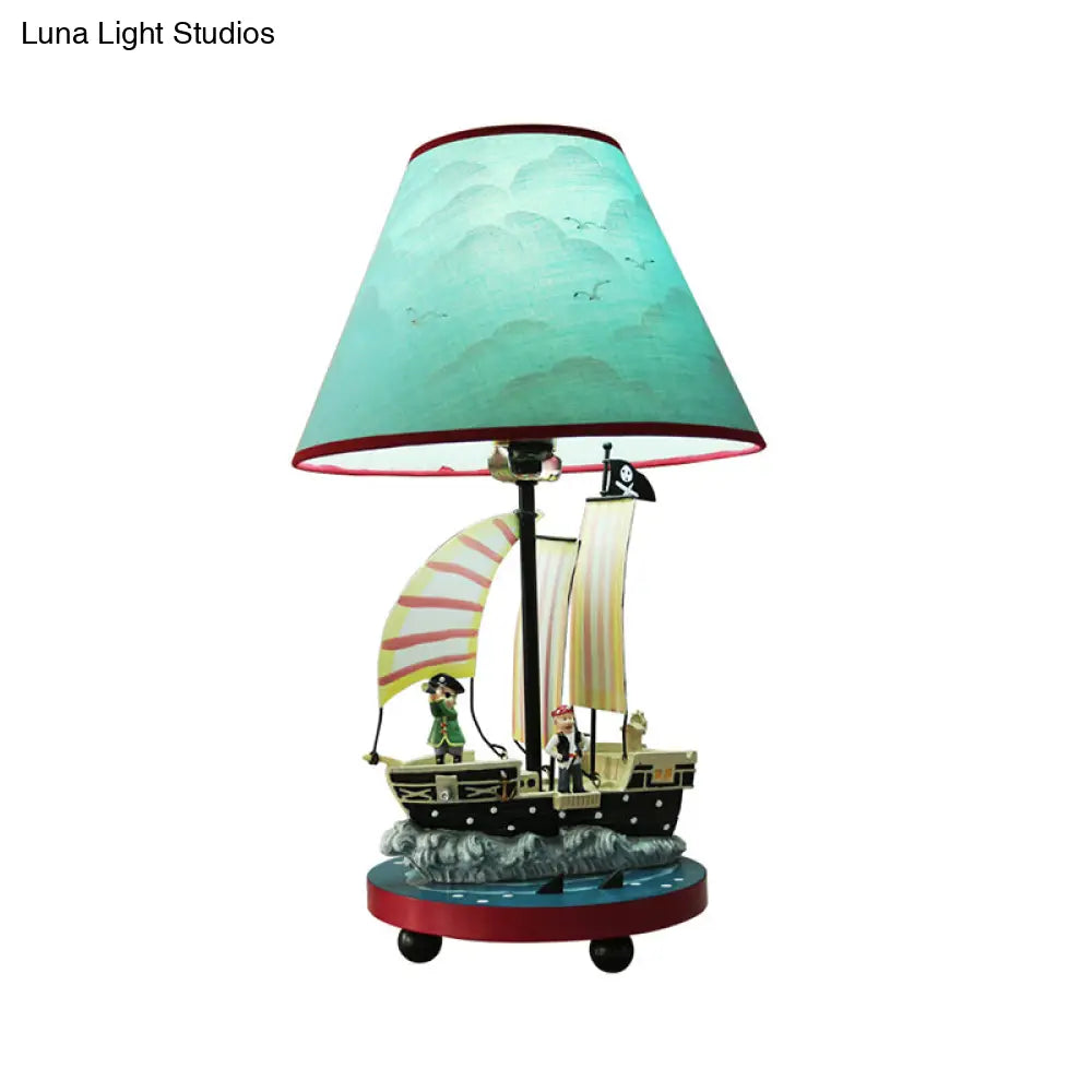 Boys Pirate Sailboat Bedside Lamp With 1 Light Resin Construction And Blue Conical Shade