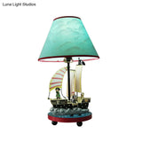 Boys Pirate Sailboat Bedside Lamp With 1 Light Resin Construction And Blue Conical Shade