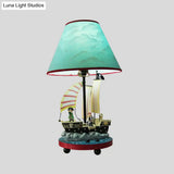 Boys Pirate Sailboat Bedside Lamp With 1 Light Resin Construction And Blue Conical Shade