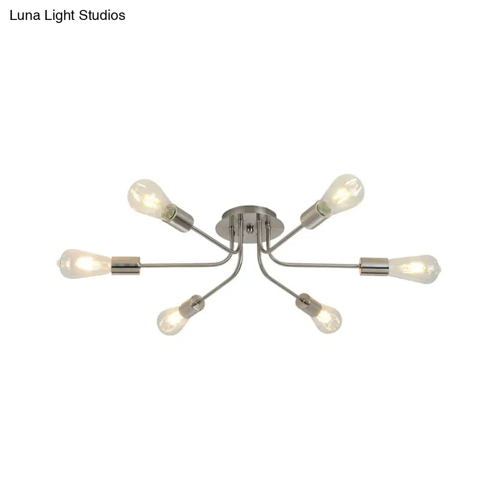 Branch Semi-Mount Industrial Ceiling Light With 6 Exposed Bulbs In Brass/Nickel Finish