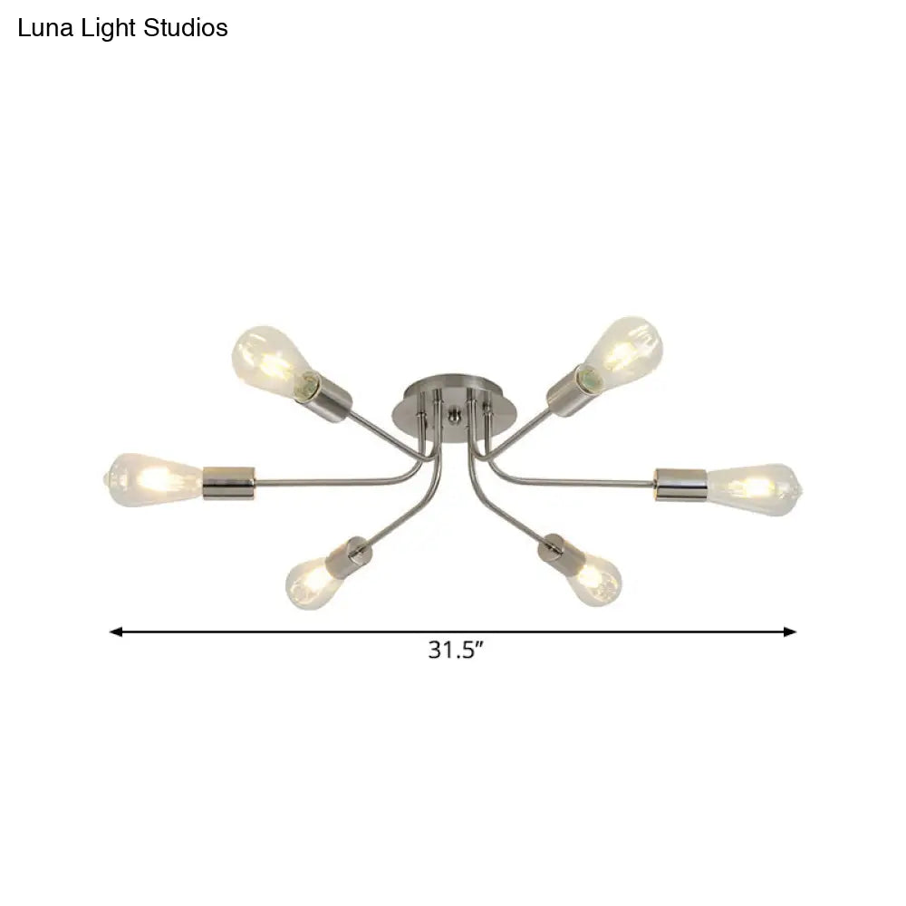 Branch Semi-Mount Industrial Ceiling Light With 6 Exposed Bulbs In Brass/Nickel Finish