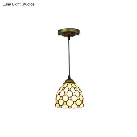 Brass 1-Head Tiffany Glass Pendant Light With Jewel - Multiple Sizes Available