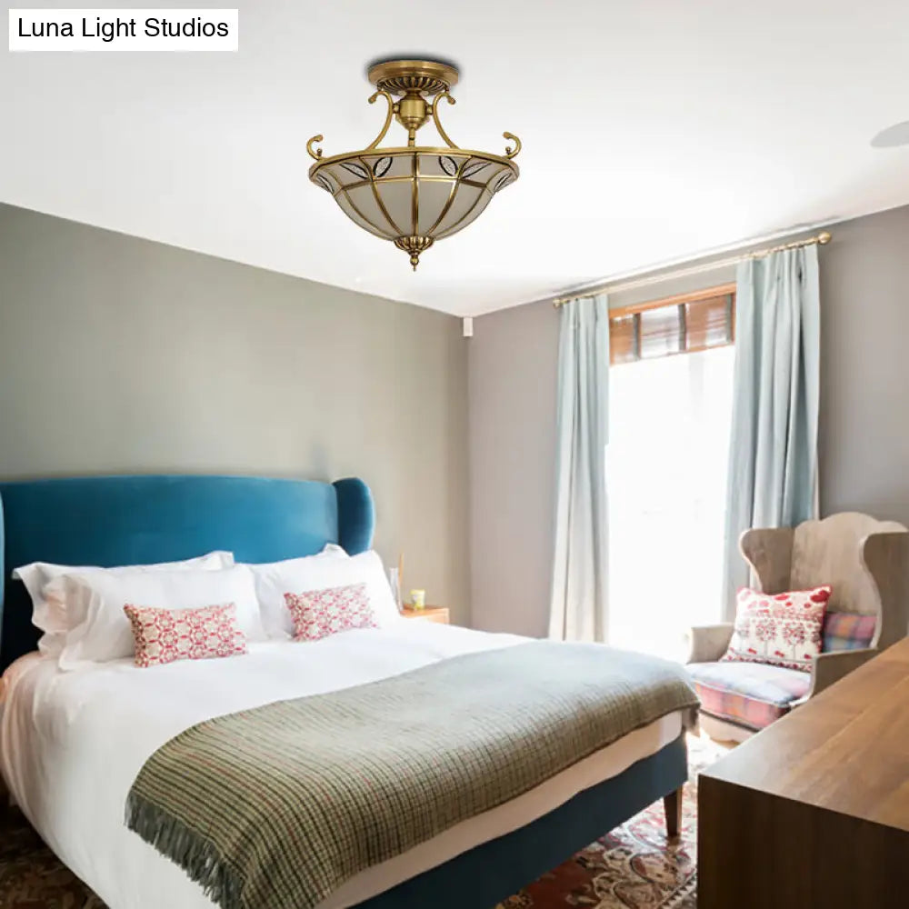 Brass 3-Head Colonial Semi Flush Light With Sandblasted Glass Dome - Porch Ceiling Fixture