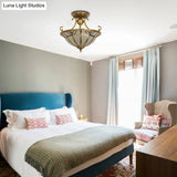 Brass 3-Head Colonial Semi Flush Light With Sandblasted Glass Dome - Porch Ceiling Fixture