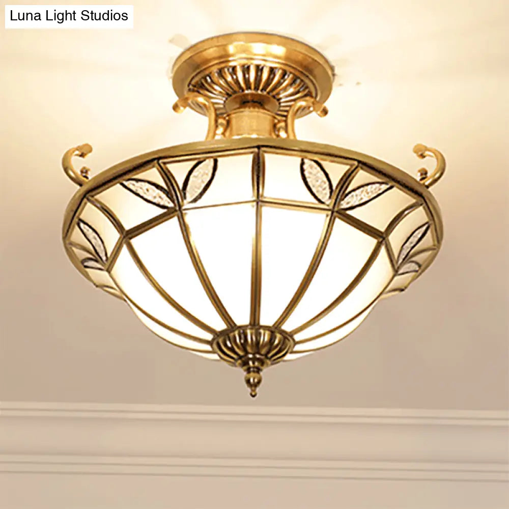 Brass 3-Head Colonial Semi Flush Light With Sandblasted Glass Dome - Porch Ceiling Fixture