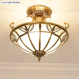 Brass 3-Head Colonial Semi Flush Light With Sandblasted Glass Dome - Porch Ceiling Fixture