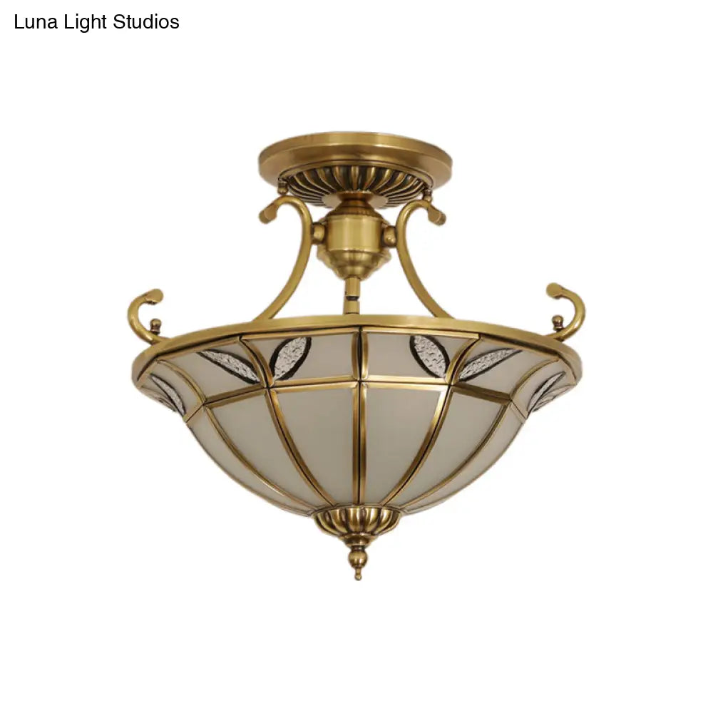 Brass 3-Head Colonial Semi Flush Light With Sandblasted Glass Dome - Porch Ceiling Fixture