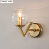 Brass Ball Sconce Light With Ribbed Glass Shade - Simple Wall Mount Lamp