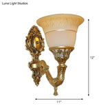Brass Carved Arm Wall Sconce Lighting With Frosted Glass - Traditional Bell Design