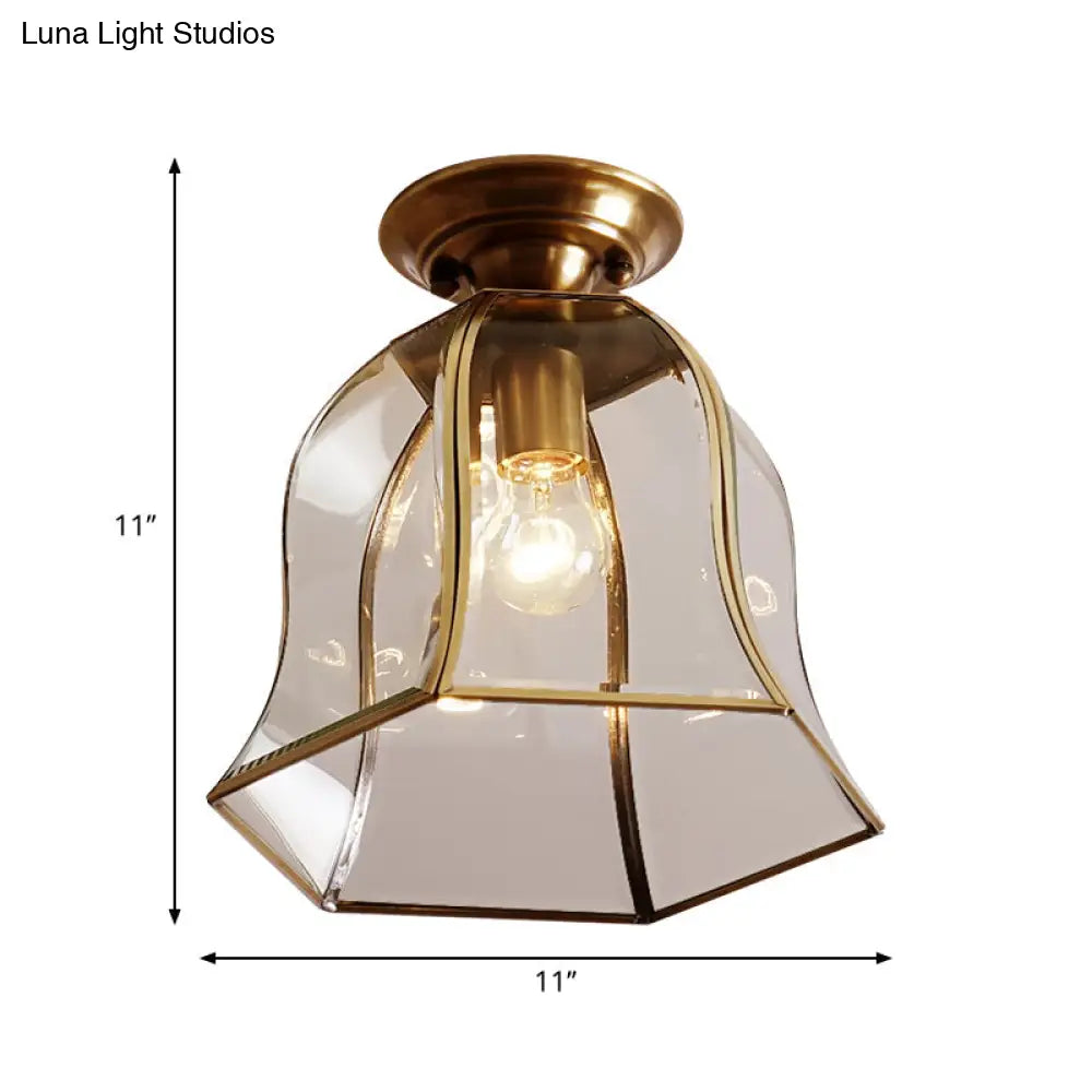 Brass Colonial Bell Ceiling Light - Clear Glass Flush Mount Foyer Fixture
