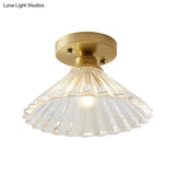 Brass Cone Ceiling Light: Industrial Semi Flush Mount With Clear Textured Glass For Living Room