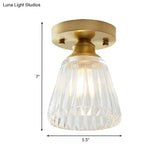 Brass Cone Ceiling Light: Industrial Semi Flush Mount With Clear Textured Glass For Living Room