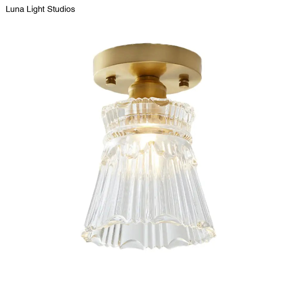 Brass Cone Ceiling Light: Industrial Semi Flush Mount With Clear Textured Glass For Living Room